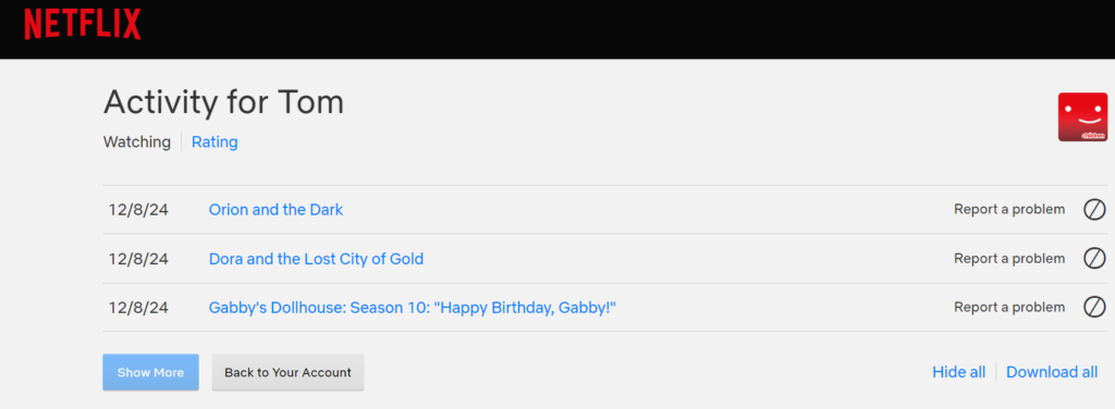 Viewing history of activity in Netflix