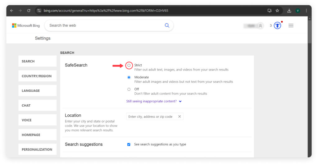 How to set us SafeSearch on Bing